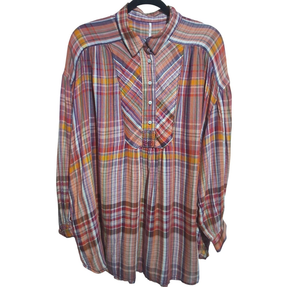 Free‎ People Oversized Womens size Large Bohemian Drapey Comfy Peasant Plaid Top